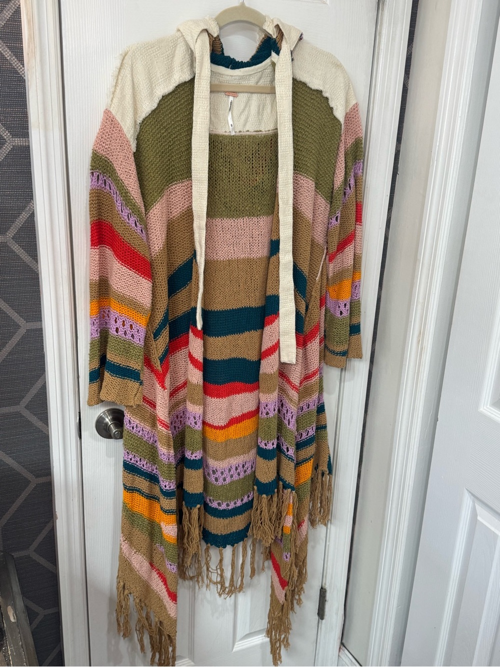 πππ Free People Bohemian Multi Stripe Hooded Fringe Cardigan Sweater Poncho πππ - Picture 6 of 11